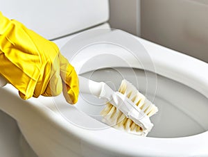 hand a yellow glove with white toilet brush does cleaning the toilet