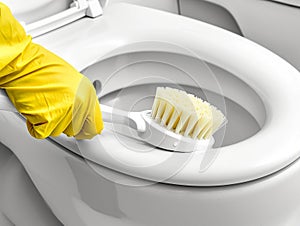 hand a yellow glove with white toilet brush does cleaning the toilet