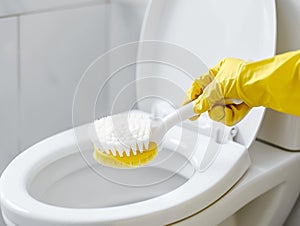 hand a yellow glove with white toilet brush does cleaning the toilet