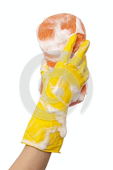 Hand in yellow rubber glove