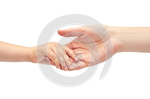 Hand of young girl holding kids hand. Isolated on white background