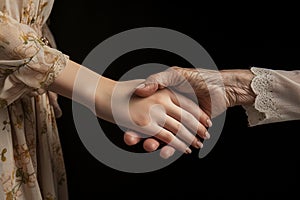 Handshake of two women, young and old, close-up. The hand of a young girl holds the hand of an elderly woman. Two hands, two