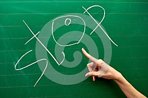 Hand of a young girl pointing at the word STOP on the green school board