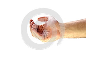 Hand of a young man on a white isolated background. Wrist, palm, fingers are bent