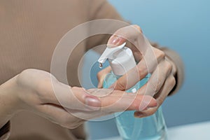 Hand of young woman washing with alcohol gel for clean corona virus covid19 prevention