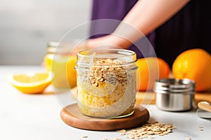 hand zesting an orange over a jar of citrus-flavored oats