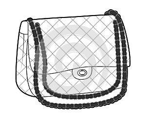 Handbag baguet silhouette bag. Fashion accessory technical illustration. Vector satchel rhombic stitching front 3-4 view