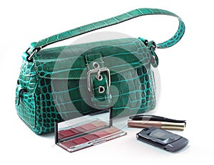 Handbag with cell phone and makeup