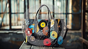 A handbag crafted from old vinyl records highlighting the fashionforward possibilities of vinyl record recycling photo