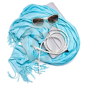 Handbag, fringe scarf, skinny braided belt and sunglasses
