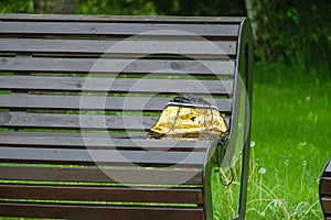 Handbag with golden sequins forgotten on a street bench