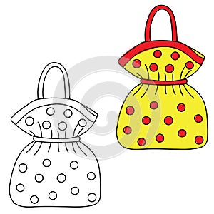 Handbag. Hand drawn doodle. Black and white and colored version