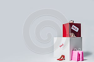 handbag, high heels, shopping bags and sale signs, summer