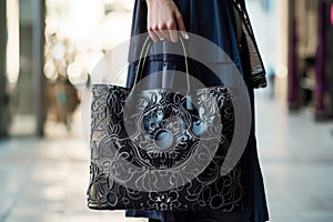handbag with intricate lacework held by creator