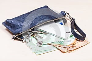 Handbag with phone, keys and many euros on table