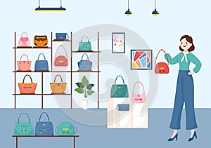 Handbag Store with Collection of Various Quality Bags and Different Types of Lifestyle in Flat Hand Drawn Cartoon Illustration