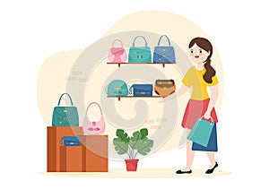 Handbag Store with Collection of Various Quality Bags and Different Types of Lifestyle in Flat Hand Drawn Cartoon Illustration