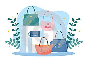 Handbag Store with Collection of Various Quality Bags and Different Types of Lifestyle in Flat Hand Drawn Cartoon Illustration