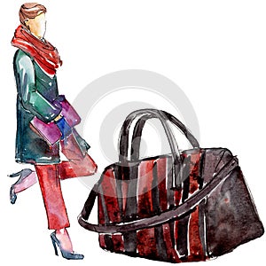 Handbag and woman sketch glamour illustration in a watercolor style isolated element. Watercolour background set.