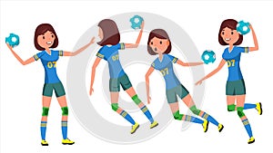 Handball Female Player Vector. Playing In Different Poses. Woman. Attack Jump. Shooting Player. Athlete Isolated On