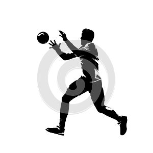 Handball player catching ball, isolated vector silhouette, ink drawing