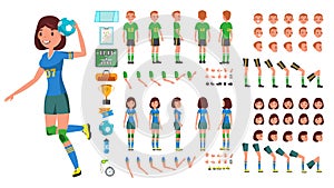 Handball Player Male, Female Vector. Animated Character Creation Set. Man, Woman Full Length, Front, Side, Back View