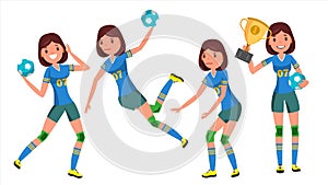 Handball Young Woman Player Vector. Girl Athlete. Throws Ball In Jump. Attack Figure. Flat Cartoon Illustration