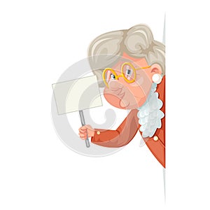 Handbill poster in hand wise advice look out corner grandmother talking old woman granny character adult icon cartoon photo