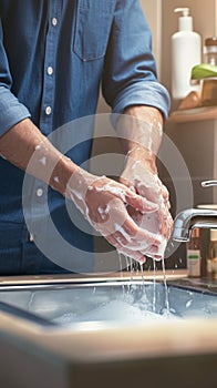 Handcare focus Close up of mans hands washing under a tap photo