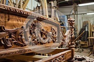 handcarved wooden bed frame with detailed headboard in a workshop