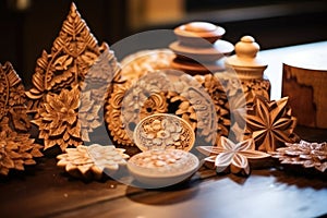 handcarved wooden trinkets on a table
