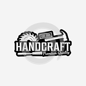 Handcraft with Carpentry Logo Vector Design , Hexagon Various Machine Saw and Circle Chainsaw and Stack Lumber Tree Trunk with