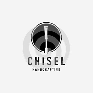 Handcraft with Chisel Carpentry Logo Vector Vintage, Simple Concept of Design Carver, Illustration of Engraver