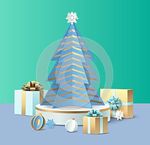 Handcraft origami Christmas tree with gift vector