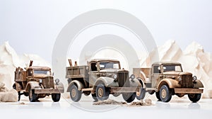 Handcrafted Antique Wooden Military Trucks On White Background