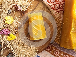 Handcrafted beeswax candle. Bee Honeycomb Hand-poured pure natural beeswax candle.