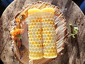 Handcrafted beeswax candles. Bee Cells Hand-poured pure natural beeswax candle.