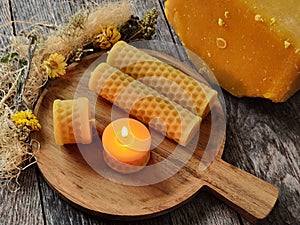 Handcrafted beeswax candles. Bee Honeycomb Hand-poured pure natural beeswax candle.