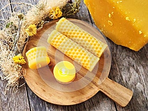 Handcrafted beeswax candles. Bee Honeycomb Hand-poured pure natural beeswax candle.