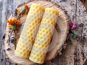 Handcrafted beeswax candles. Hand-poured pure natural beeswax candle.