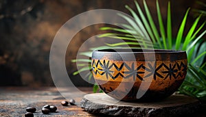 Handcrafted bowl with tribal patterns on wood photo