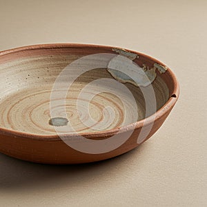A handcrafted ceramic bowl displayed on a neutral surface. The bowl features an