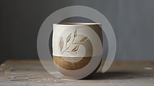 Handcrafted Ceramic Mug with Leaf Motif on Wooden Table