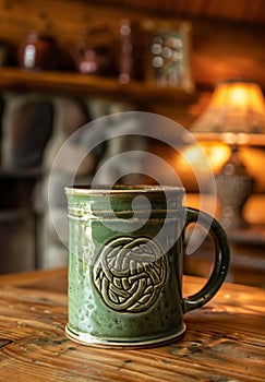 Handcrafted ceramic mug on a rustic wooden table