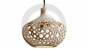 A handcrafted ceramic pendant lamp in a neutral hue featuring intricate outs that create a beautiful lighting effect