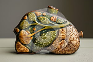 Handcrafted Ceramic Teapot with Nature Inspired Leaf and Vine Motifs on Neutral Background