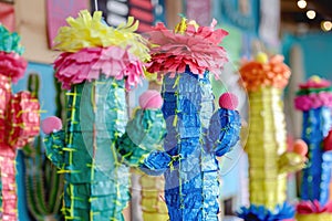 Handcrafted Colorful Mexican Cactus Pinatas Displayed in Festive Environment