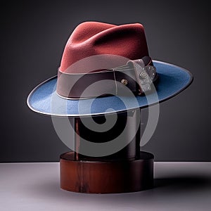 Handcrafted Cowboy Hat With Dual-colored Straps On Wooden Base