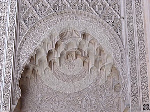 Handcrafted decoration of the Medersa Ben Youssef in Marrakech. Morocco