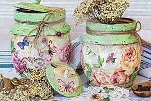 Handcrafted and decoupage hand decorated containers